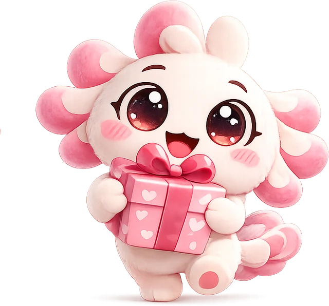 mimzi, the mascot, holding a gift